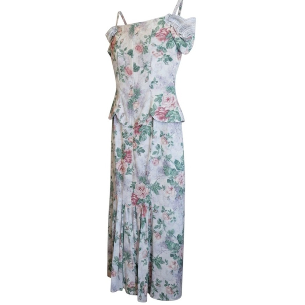 Vintage 90s Scott McClintock Dress Womens 10 Floral Lace Peplum Cottagecore Maxi